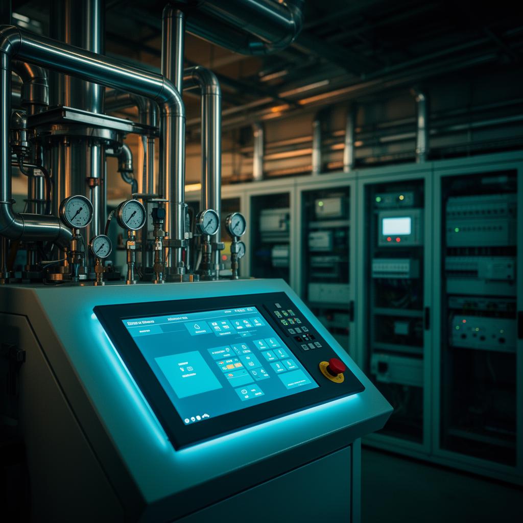 Industrial automation control panel with HMI, instrumentation gauges and PLC cabinets